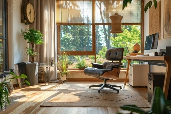 Obraz Cozy minimalist home office with ergonomic chair and garden view