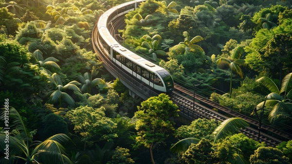 Fototapeta Aerial view of a train running along a track surrounded by lush green trees in a modern city.
