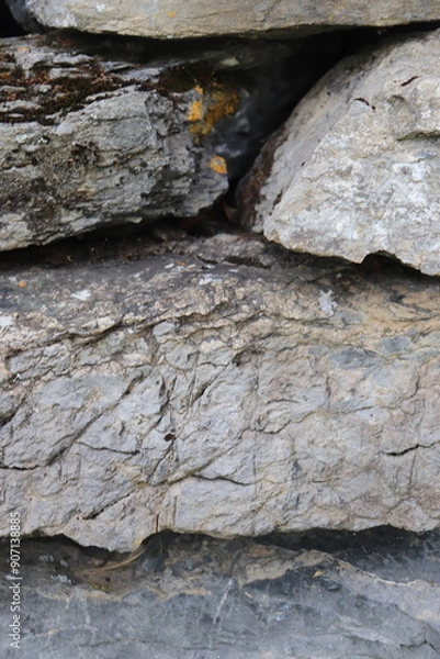 Obraz Gray stone blocks with soil and plants.

