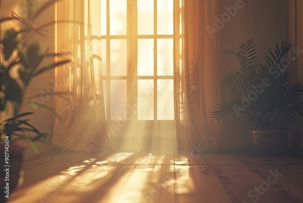 Fototapeta a room with a window and a plant in it, gentle light leak overlay simulating natural sunlight streaming through windows