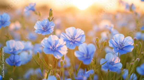 Fototapeta Flax field full bloom, delicate blue flowers swaying in breeze, rural landscape. Warm evening light
