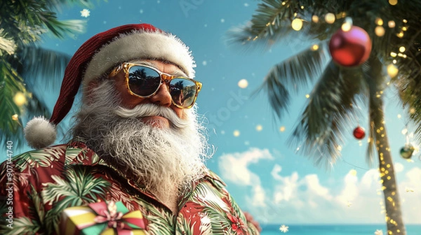 Obraz Santa Claus in a tropical shirt and sunglasses, celebrating Christmas under palm trees decorated with ornaments. Perfect for a warm holiday theme