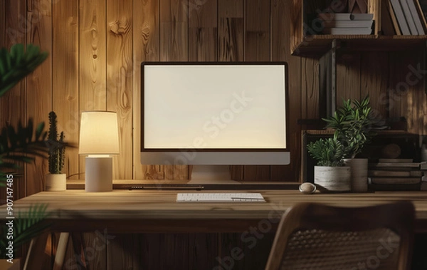 Fototapeta Laptop blank screen on smooth table, office accessories aside. Concept online work, remote job