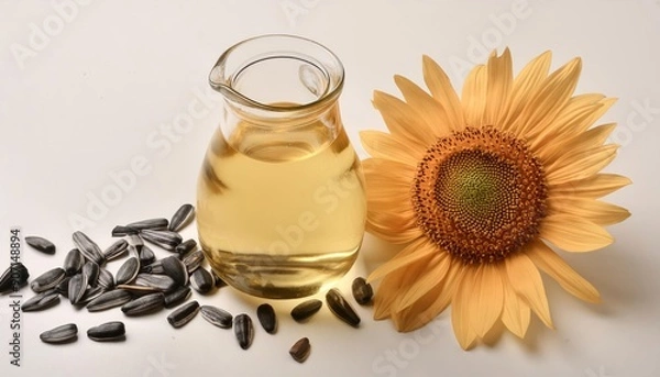 Fototapeta Sunflower oil in a glass jar with sunflower seeds and a flower beside it, isolated on white background. Showcasing the natural beauty and health benefits of this versatile ingredient