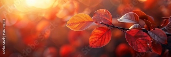 Fototapeta Autumn Elegance: Crimson Leaves Adorning Branches Under the Warm Embrace of Fall Sunlight