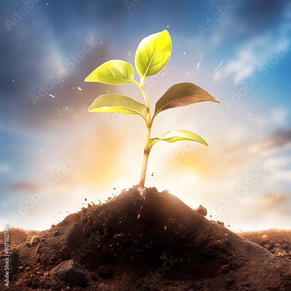 Obraz Young Plant Sprouting from Soil