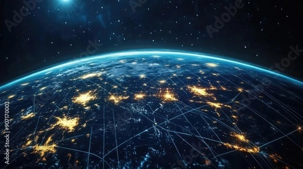Fototapeta Digital Earth with luminous trading lines, network world, global business