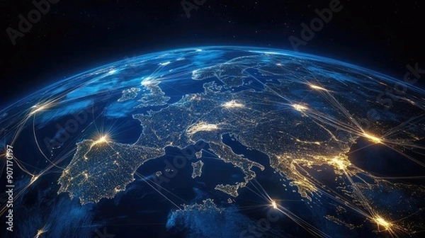 Fototapeta Earth with luminous international trading lines, global network, world commerce