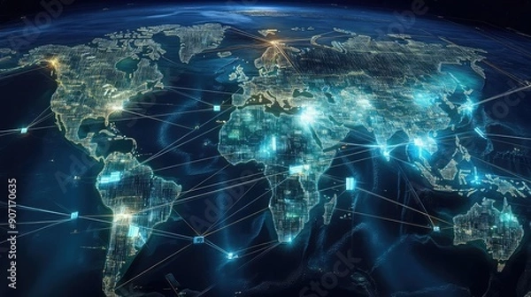 Fototapeta World map with digital trading lines, network world, international trade