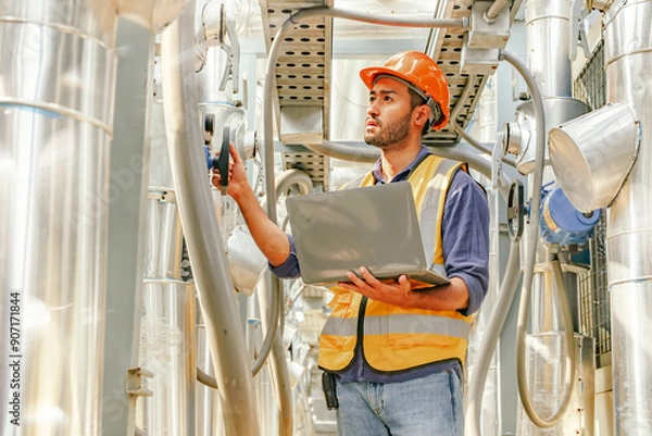 Fototapeta Male HAVC refrigeration system technician stands holding laptop recording preventative inspection refrigeration equipment refrigerant level control valve into the system and checking leaks at various.