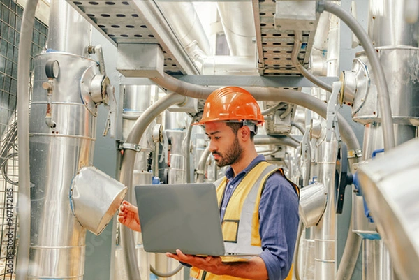 Fototapeta Male HAVC refrigeration system technician stands holding laptop recording preventative inspection refrigeration equipment refrigerant level control valve into the system and checking leaks at various.