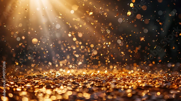 Fototapeta Gold confetti falls on the stage with gold highlights and sparkles