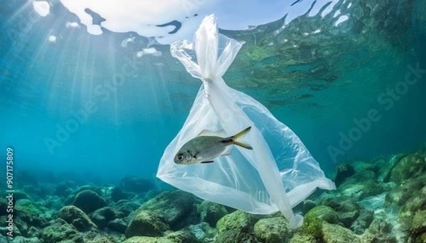 Obraz Fish trapped inside plastic bag, polythene bag, environmental crisis, save planet earth, plastic pollution,  water pollution