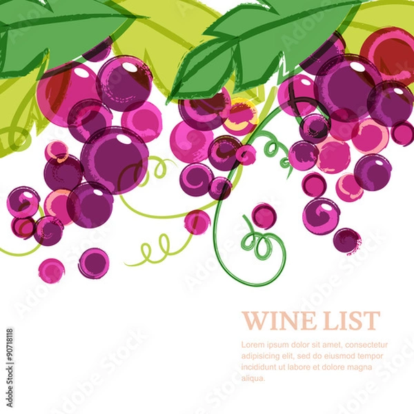 Fototapeta Pink ripe grape vine with green leaves. Abstract vector watercol