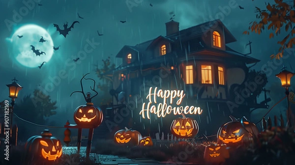 Fototapeta ハロウィンのカボチャランタンと洋館を怪しい雰囲気でアニメ風に描いたAI生成画像