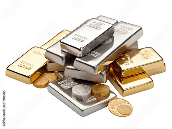 Fototapeta Gold And Silver Bars With Coins On Transparent Background