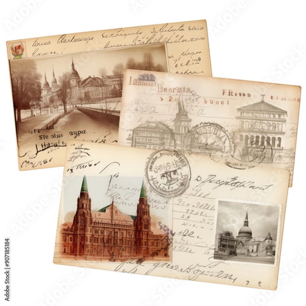 Obraz Vintage Postcards with Historical Landmarks and Handwritten Notes