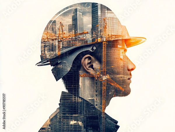 Fototapeta Double Exposure of Engineer in Helmet with Urban Skyline
