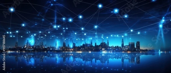 Fototapeta Connected Cityscape with Intertwining Lines and Glowing Nodes