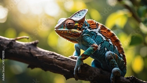 Fototapeta A vibrant chameleon perched on a branch, showcasing its incredible ability to change color. Its intricate patterns and striking hues are a testament to nature's artistry