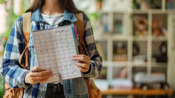 Fototapeta Student holding a monthly planner, showcasing scheduling and organization skills in a study environment.