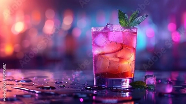Obraz Cocktail Drink with Ice and Mint in a Glass on a Wet Bar Counter - Realistic Photo