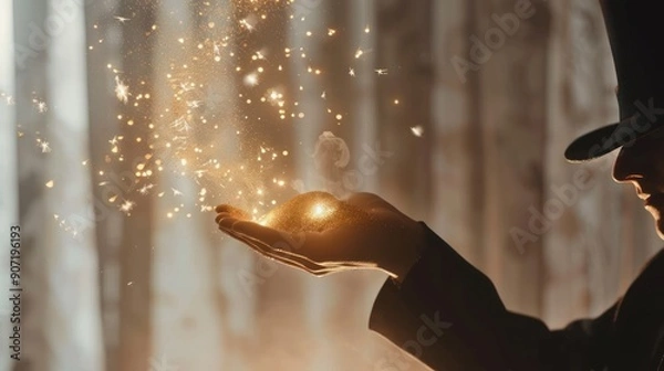 Fototapeta The magician's hat brings out magic with shining gold particles and sparks on a white curtain background. Skills of an elegant magician performing magic tricks, illusionist art concept
