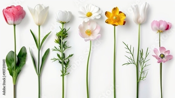 Fototapeta A row of flowers with different colors and shapes