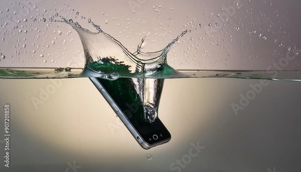 Fototapeta A smartphone accidentally dropped in water, showcasing the immediate aftermath and steps for rescue and repair. Perfect for tech enthusiasts and those looking for practical solutions to common mishaps