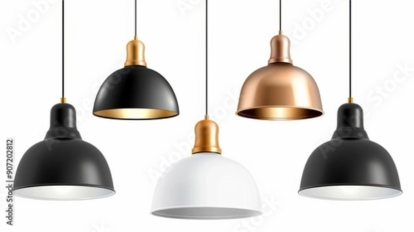 Obraz A set of five different colored light fixtures hanging from the ceiling