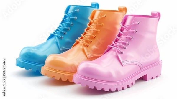Fototapeta Three colorful shoes with laces and a pink boot
