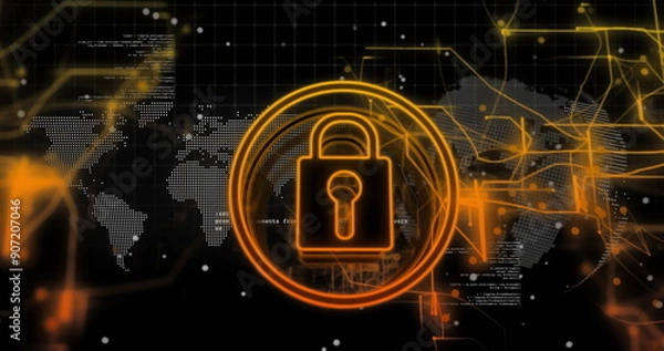 Fototapeta Image of data processing and padlock icon over dark background