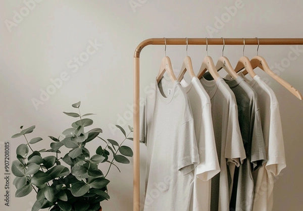 Fototapeta Different clean T-shirts hanging on rack indoors