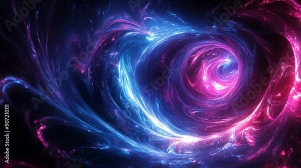 Fototapeta Digital art with swirling neon lights and transparent layers creating a sense of depth and motion in electric blue and pink colors high contrast lighting top-down view