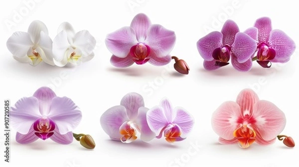 Fototapeta A variety of different colored orchids, including white, pink, and purple