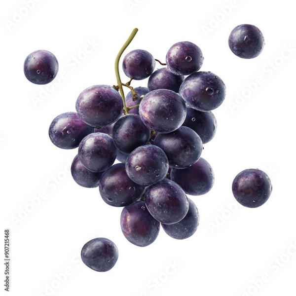 Obraz Bunch Of Grapes With Floating Individual Grapes On Transparent Png Background For Elegant Fruit Advertisements . Generative ai