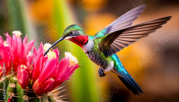 Fototapeta A Hummingbird Hovering in Mid-Air Close to a Beautiful Vibrant Flower, Capturing Nature’s Grace and Elegance in Full Bloom
