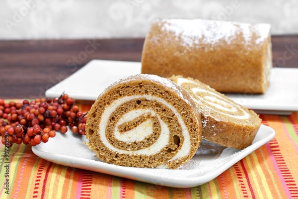 Obraz Pumpkin roll cake, selective focus and copy space.