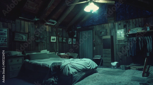Obraz a 80's style horror movie shot of a bedroom in a cabin at a summer camp in the woods
