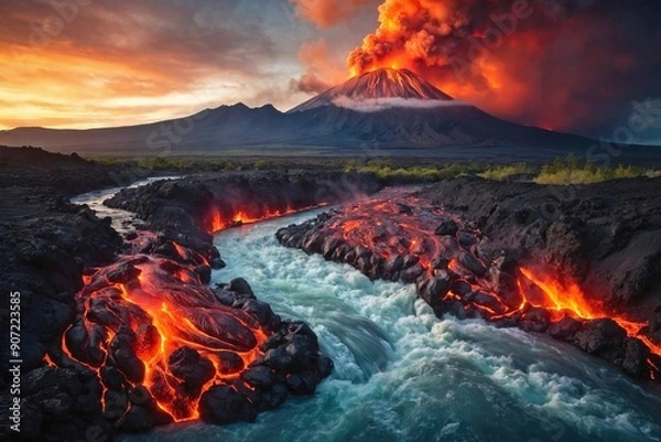 Fototapeta Volcano Eruption with a River in the Foreground: A fierce volcanic eruption with a river in the foreground, reflecting the fiery glow of the lava.