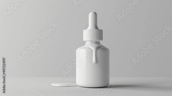 Fototapeta A bottle of serum for whitening skin with coconut oil dripped into the bottle. The bottle is positioned to one side, the dropper head is clearly visible highlighting the texture and features