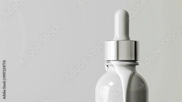 Fototapeta A bottle of serum for whitening skin with coconut oil dripped into the bottle. The bottle is positioned to one side, the dropper head is clearly visible highlighting the texture and features