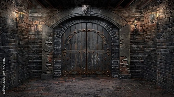 Fototapeta Gothic dungeon door with ornate ironwork, stone walls, and dim torch lighting, creating a dark medieval atmosphere.