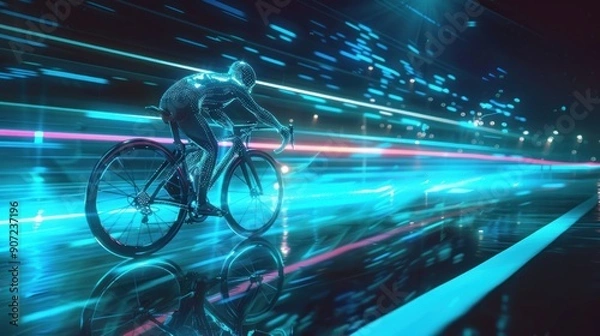 Fototapeta A cyclist is cycling on a highway, distance, cinematic futuristic motion blur effect, capturing action and movement and speed