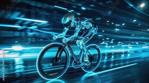 Fototapeta A cyclist is cycling on a highway, distance, cinematic futuristic motion blur effect, capturing action and movement and speed