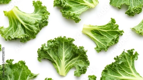 Fototapeta A close-up of kale slices, highlighting the frilled edges and moist freshness. The bright, leafy greens set against a white background