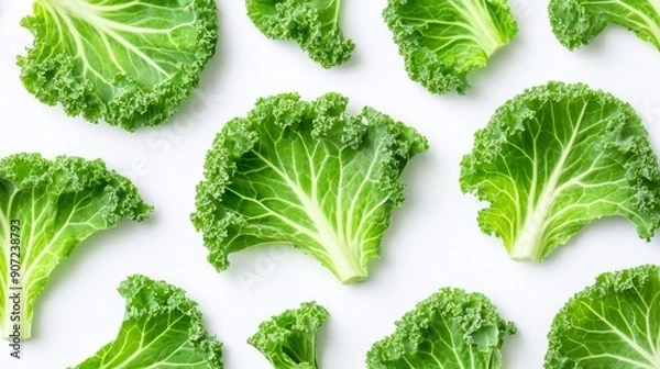 Fototapeta A close-up of kale slices, highlighting the frilled edges and moist freshness. The bright, leafy greens set against a white background