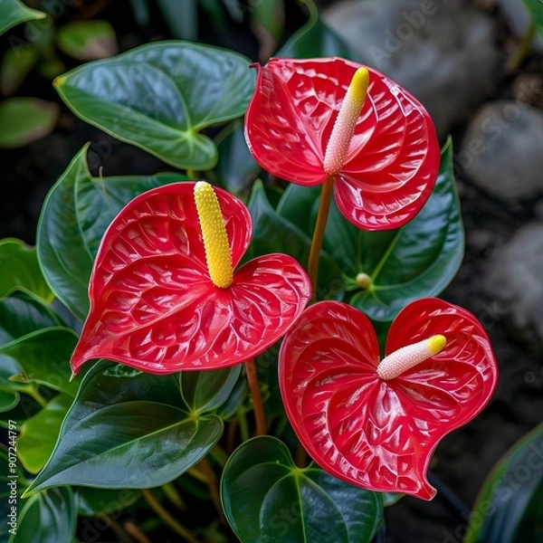 Obraz Red anthurium flowers with yellow pistil and several green leaves. Views from above
