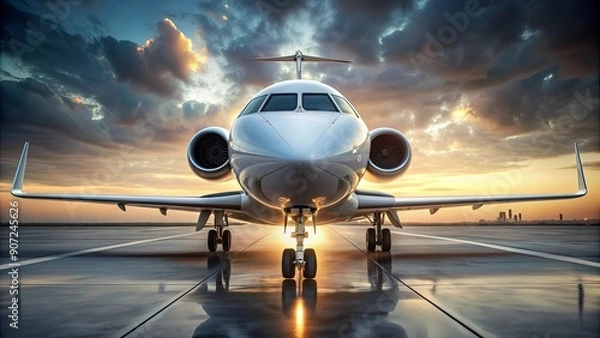 Fototapeta Front view of a sleek and modern aircraft , airplane, jet, aviation, transportation, travel, wings, engine, technology