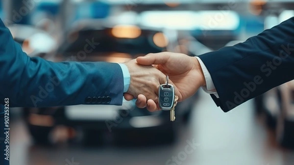 Fototapeta Male hand gives a car keys to male hand in the car dealership close up. Unrecognized auto seller and a man who bought a vehicle shake hands. copy space for text.